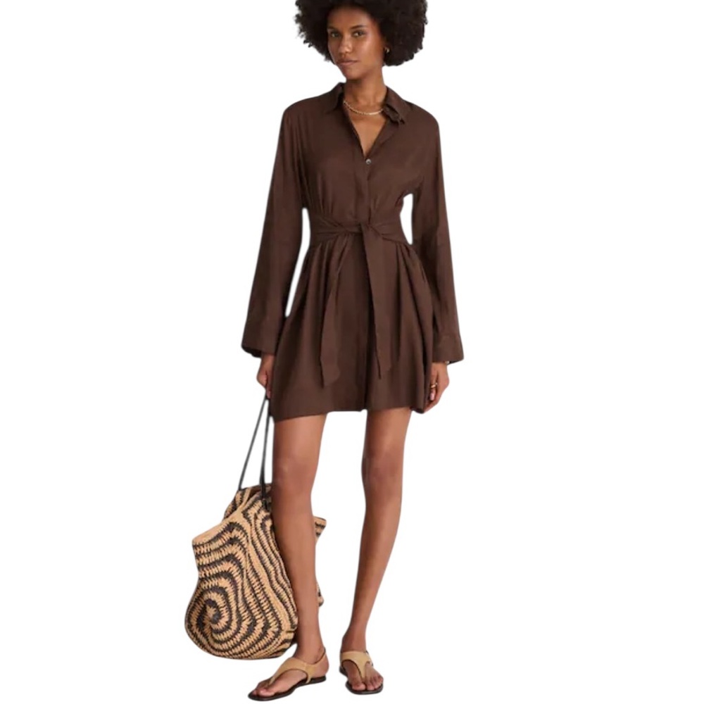 NEW MADEWELL Long Sleeve Tie-Front Shirtdress in roasted chicory brown size 0